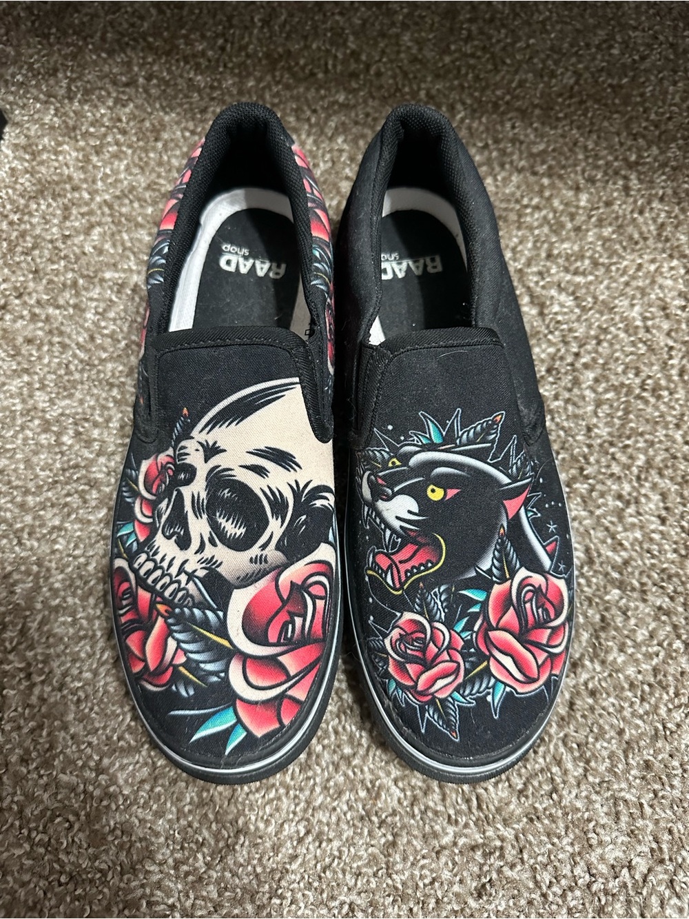 Kids Black Slip-On Sneakers with Skull & Panther Tattoo Art
